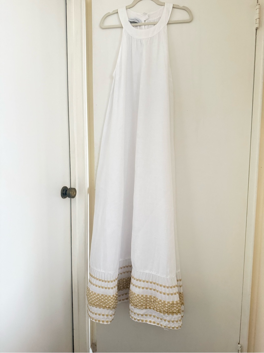 White Maxi Linen Halter dress halter with Gold Hem Embroidery